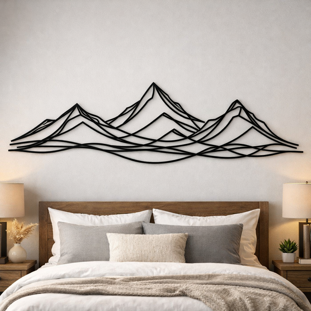 Mountain Wall Decor Bedroom, Minimalist Black Line Art Mountain Range, Mountain Wall Hanging