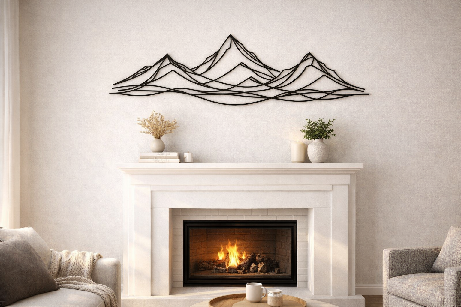 Mountain Wall Decor Bedroom, Minimalist Black Line Art Mountain Range, Mountain Wall Hanging
